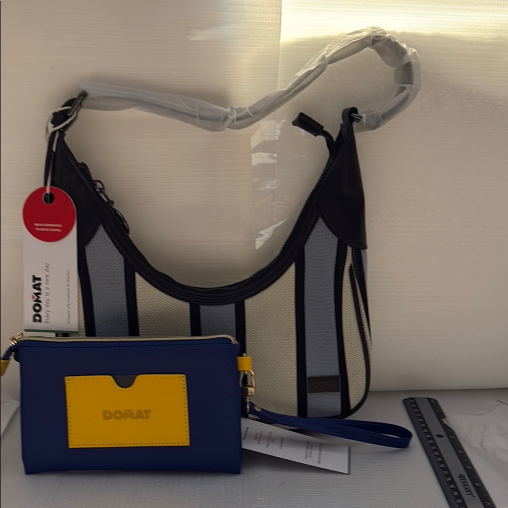 DOMAT Black and Gray Mesh Bag with Blue and Yellow Wallet